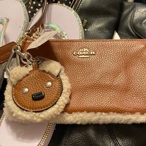 Coach Brown and Cream Leather Bag with Bear Charm